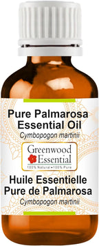 Greenwood Essential Palmarosa Essential Oil (Cymbopogon martinii) Pure | Non-Sticky | Non-Greasy | Lightweight | Men & Women | All Skin Types | Steam Distilled 15ml (0.50 oz)