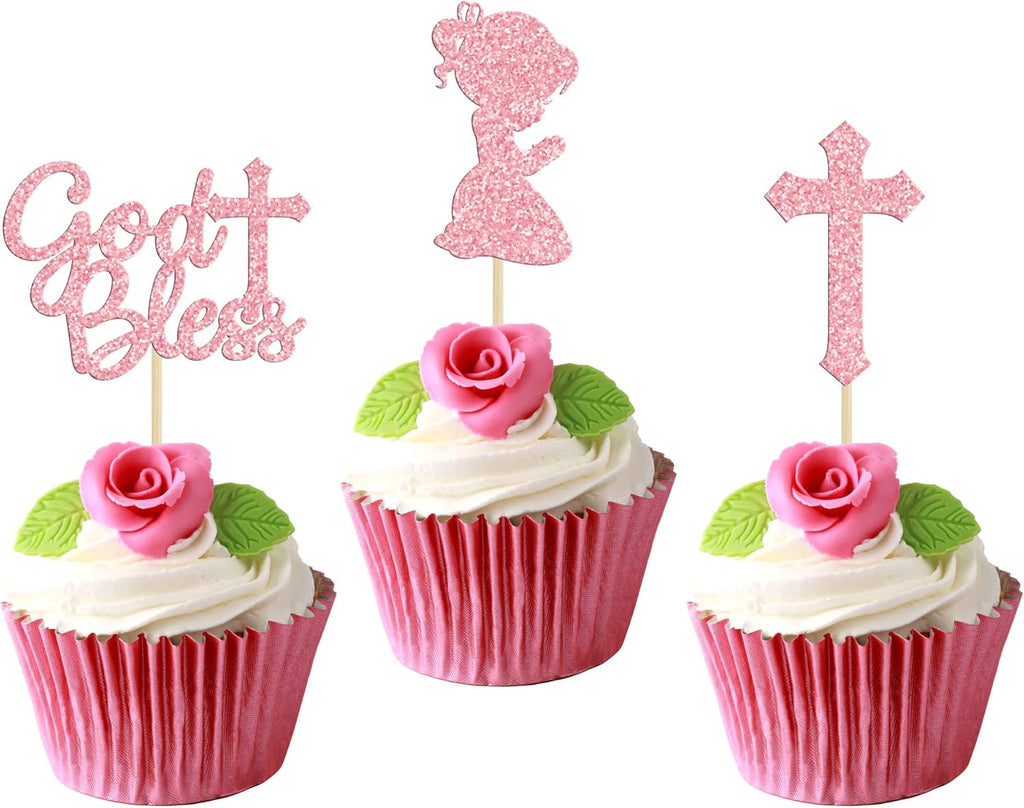 Gyufise 24Pcs Pink Glitter God Bless and Cross Cupcake Toppers Girl Babyshower Cake Topper Decorations for Babyshower Girl Baptism Party Decoration Supplies