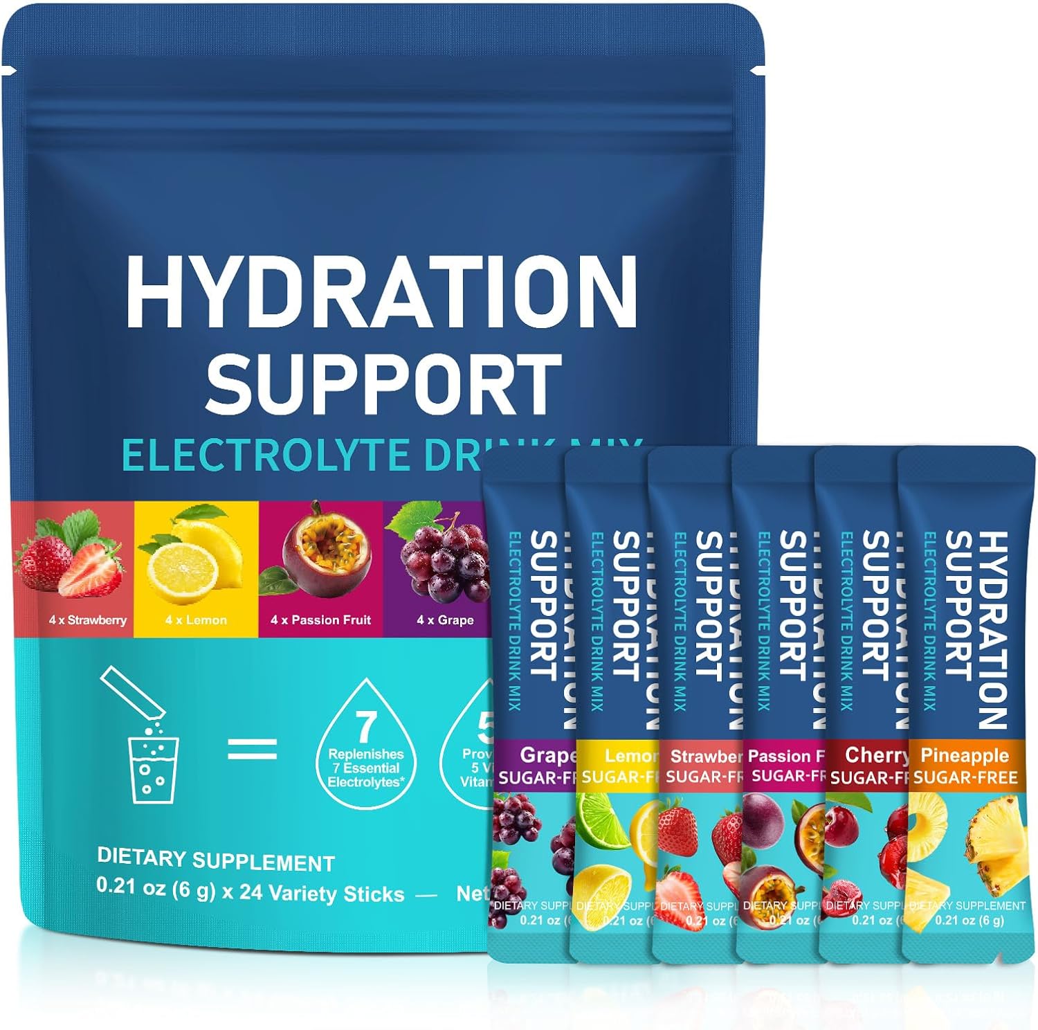 Electrolyte Hydration Powder with Essential Vitamins – Zero Sugar Variety Pack, Single-Serve Stick Packets for Keto & Low Carb – 6 Natural Fruit Flavors (24 Count)