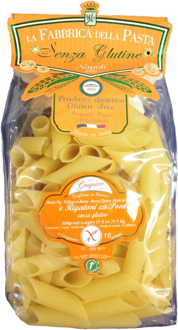 La Fabbrica Della Pasta Gluten Free Rigatoni ca Pont (Bias Cut) 500 Grams (1.1 lb) Bag