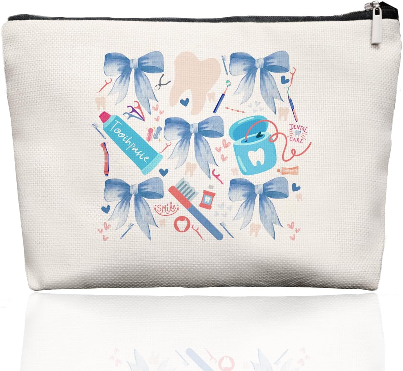 Smile Dental Care Makeup Bag, Cute Tooth & Bow Cosmetic Pouch for Dental Assistant Hygienist Dentist Gift for Women