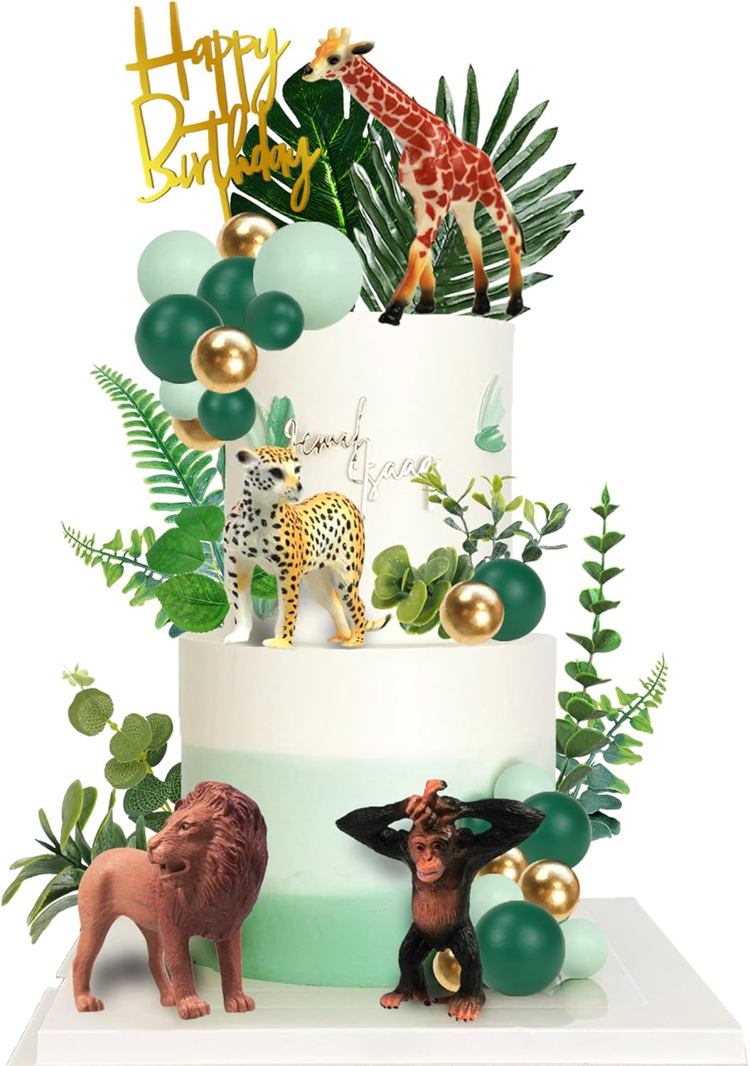 40 PCS Safari Jungle Cake Toppers Chimpanzee Monkey Cake Toppers Animals Figure Gold Palms Jungle Wild One Animals Cake Decorations for Safari Birthday Supplies