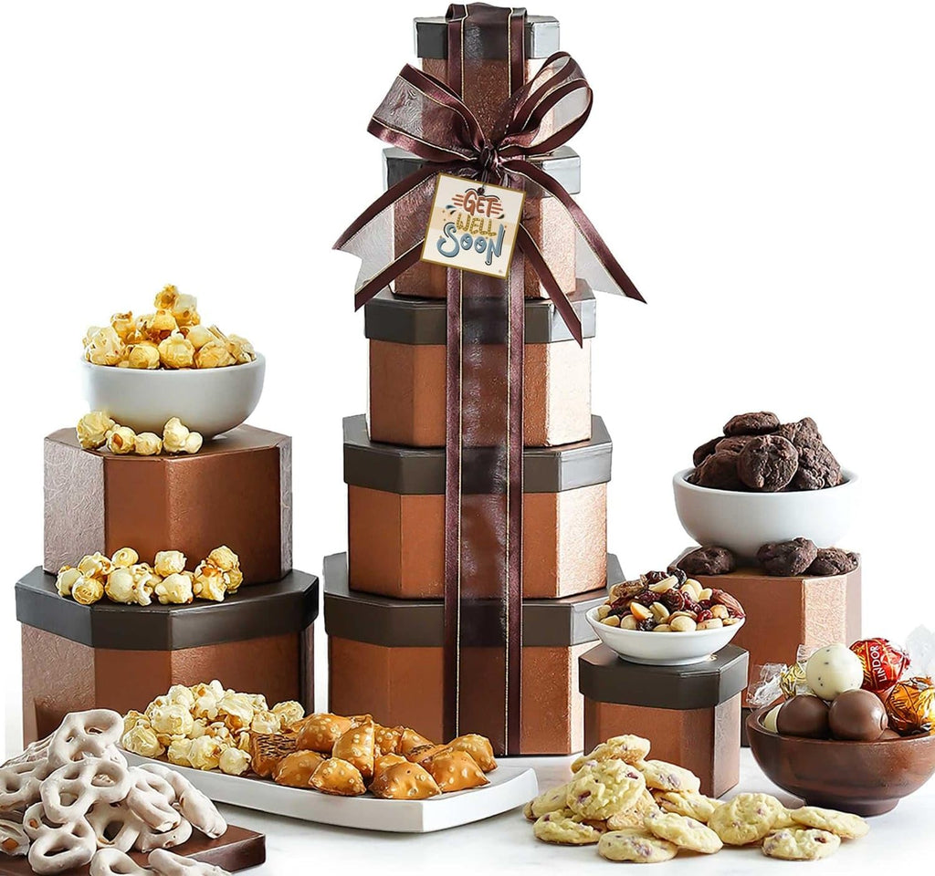 Broadway Basketeers Get Well Gift Basket Tower – Gourmet Care Package with Cookies, Sweet & Savory Snacks for Men, Women – Encouraging Get Well gifts for Recovery, After Surgery, Thinking of You