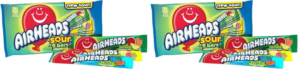 Airheads SOUR Candy Bars,Sour Watermelon Punch,Blue Blast,Lemon Berry Squeeze,9 Bar Movie Theater Box,(Pack of 2)