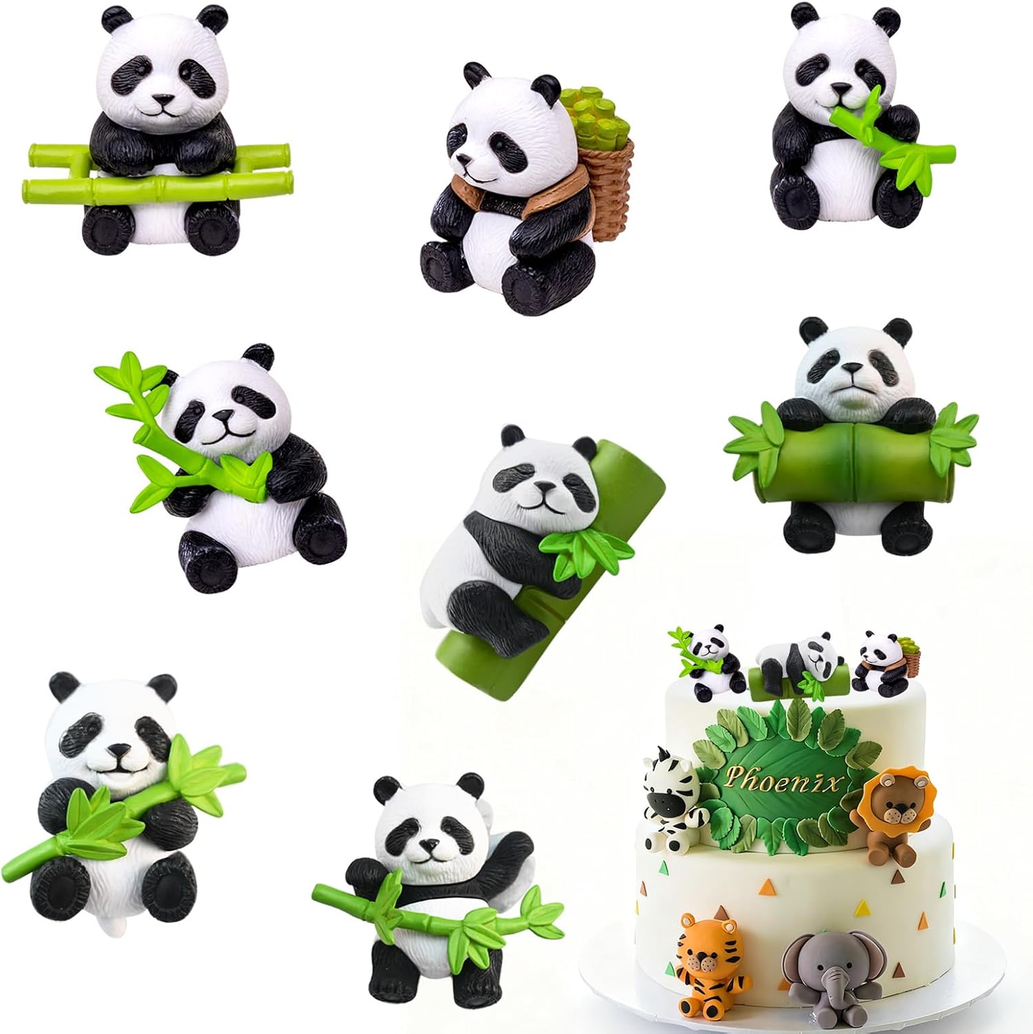 8 Pcs Mini Panda Figurine, Cute Resin Panda Statue, Pandas Cake Topper Decor, DIY Miniature Landscape, Little Bears with Bamboo, Birthday Party Cake Decorations Collection Supplies