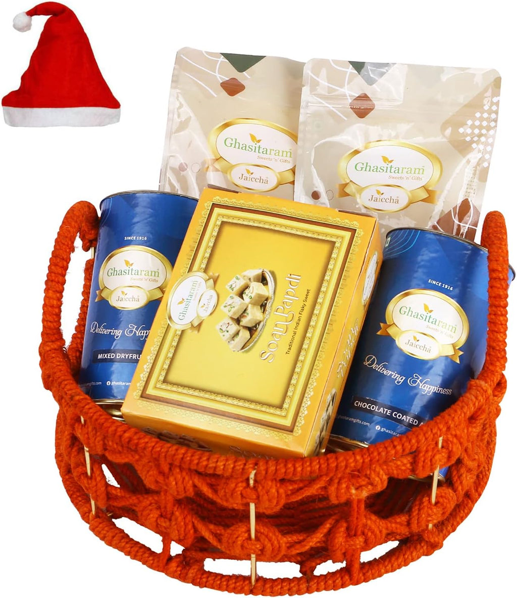 Jaiccha Ghasitaram Christmas Gifts Orange Jute Basket of assortments with Soan Papdi