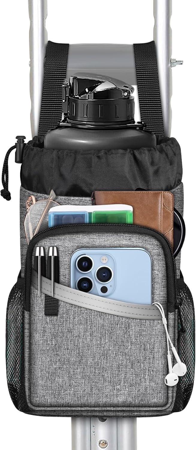 FINPAC Crutch Accessories Bag, Water-Resistant Storage Organizer Tote Bag with Drink Holder and Zipper Pouch for Crutches, Underarm Crutches Attachment, Gray