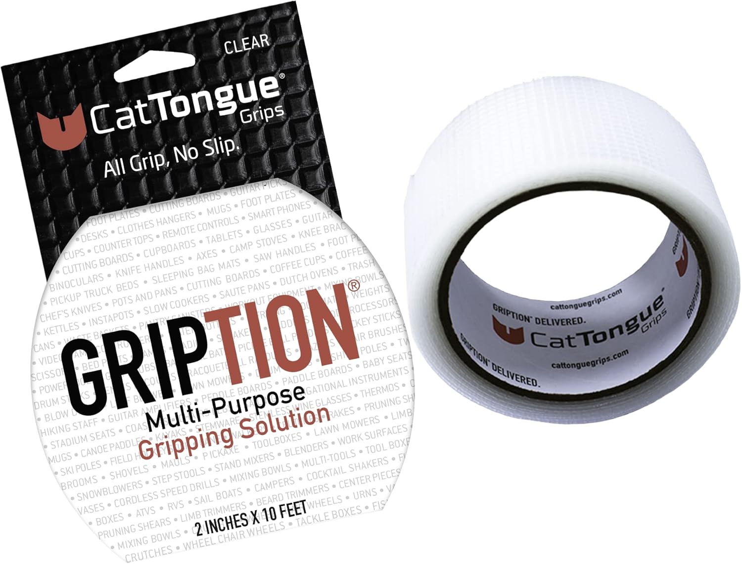 CATTONGUE GRIPS Non-Abrasive Grip Tape Wrap - 2” Thick Heavy-Duty, Waterproof Anti-Slip Tape for Wrapping Tools, Bats, Gym Equipment - Indoor & Outdoor Anti-Slip Solution (Clear, 10ft)