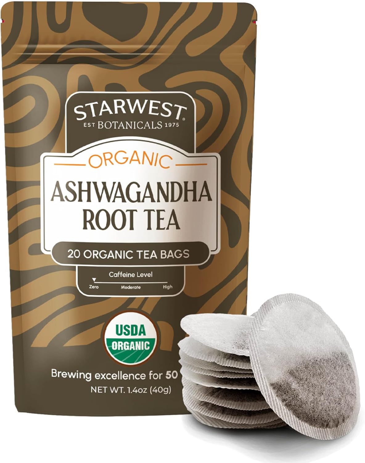 Starwest Botanicals Organic Ashwagandha Tea - Caffeine Free Herbal Tea, String Free Sachets, USDA Organic Ashwagandha Root, Non GMO - 20 Bags