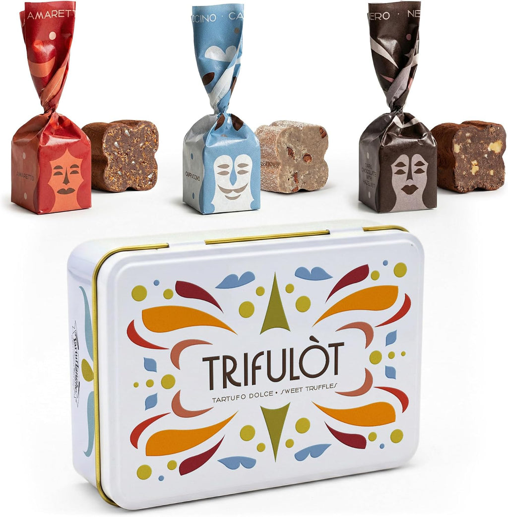 TartufLanghe Trifulot 15 Assorted Chocolate Truffles in Metal Gift Box - Italian Dark Chocolate Truffles with Piedmont Hazelnuts, White Cappuccino, and Creamy Milk Amaretto with Almonds - 3.80 oz