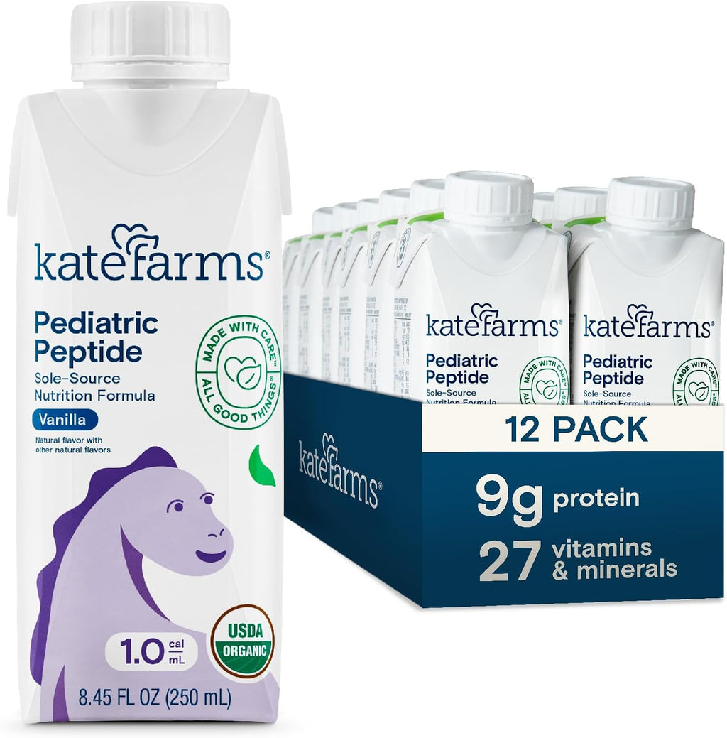 KATE FARMS Organic Pediatric Peptide 1.0 Formula, Vanilla, Sole-Source Hydrolyzed Plant-Based Nutrition for Oral or Tube Feeding, 8.45 oz (12 pack)