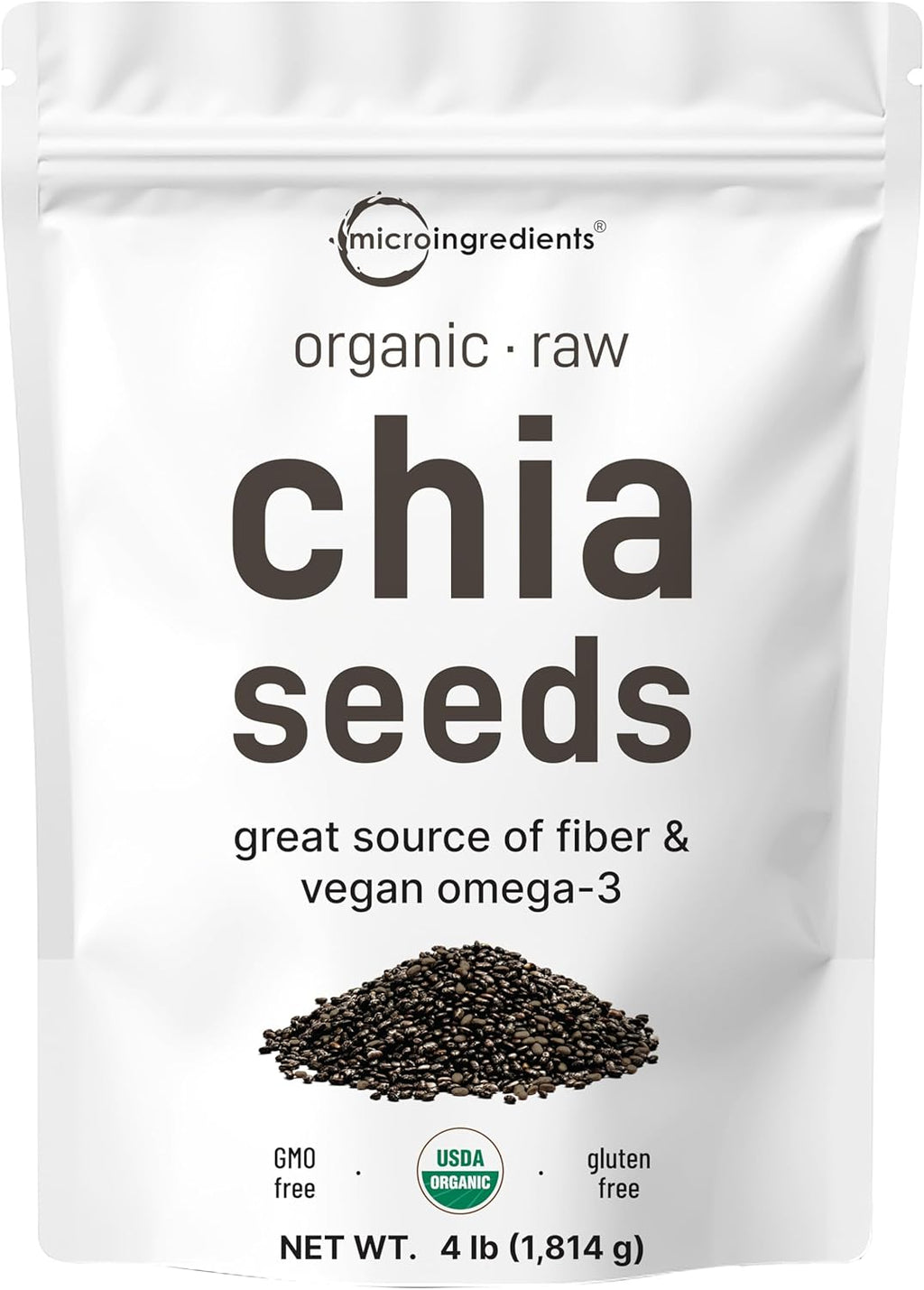 Organic Chia Seeds, 4lbs | Raw Chia Seed Source | Rich in Essential Fiber, Vegan Omega-3, & Plant Based Protein | Great for Baking, Smoothies, Pudding, & Oatmeal | Non-GMO, Gluten Free