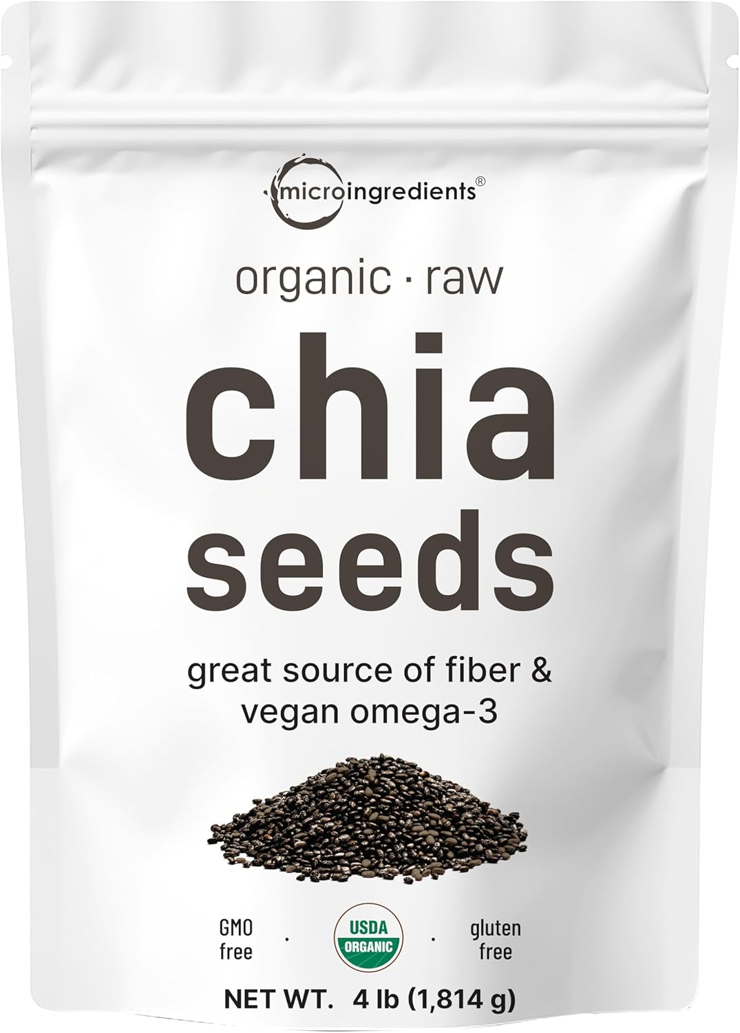 Organic Chia Seeds, 4lbs | Raw Chia Seed Source | Rich in Essential Fiber, Vegan Omega-3, & Plant Based Protein | Great for Baking, Smoothies, Pudding, & Oatmeal | Non-GMO, Gluten Free