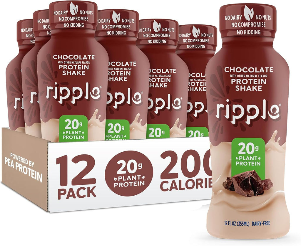 Ripple Vegan Protein Shake | Chocolate | 20g Nutritious Plant Based Pea Protein | Shelf Stable | No GMOs, Soy, Nut, Gluten, Lactose | 12 Oz, 12 Pack