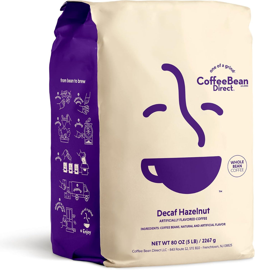 Coffee Bean Direct Decaf Hazelnut Flavored, Whole Bean Coffee, Smooth Nutty Flavor, 5 Pound Bag (Pack of 1)