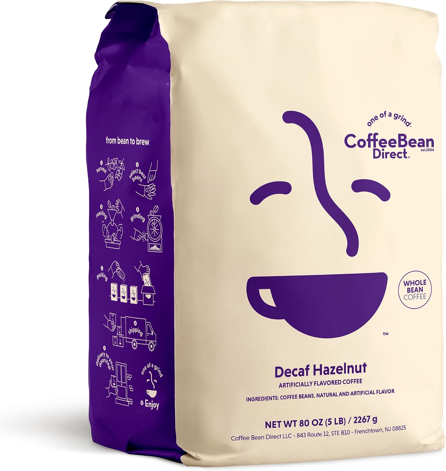 Coffee Bean Direct Decaf Hazelnut Flavored, Whole Bean Coffee, Smooth Nutty Flavor, 5 Pound Bag (Pack of 1)