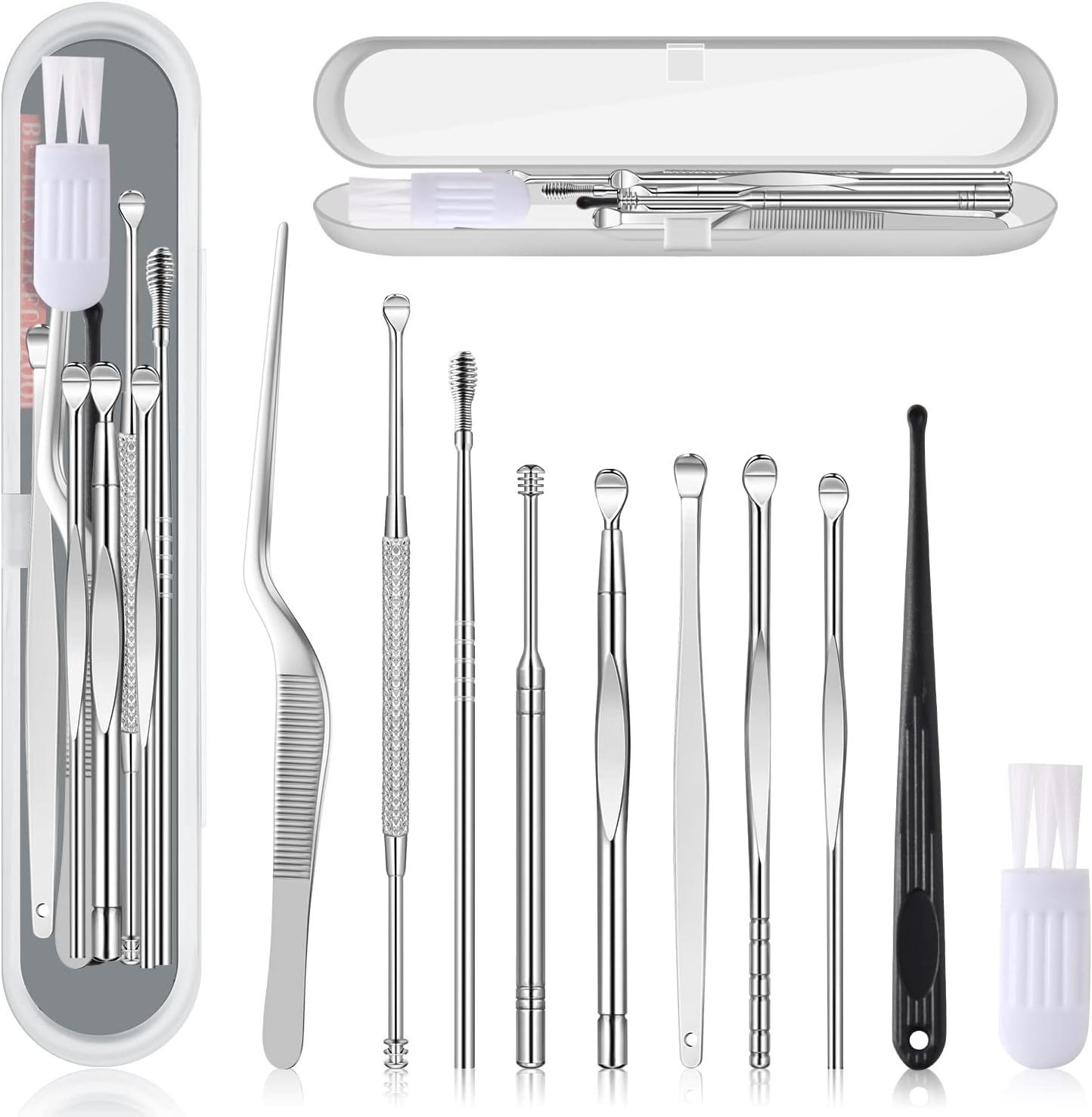 Ear Pick Ear Wax Removal Kit, Ear Cleansing Set, Earwax Remover Tool, Ear Curette Ear Wax Remover Tools with a Cleaning Brush and Storage Box, Medical Grade, for Ear Adult and Kid, Silver, 10 Pcs
