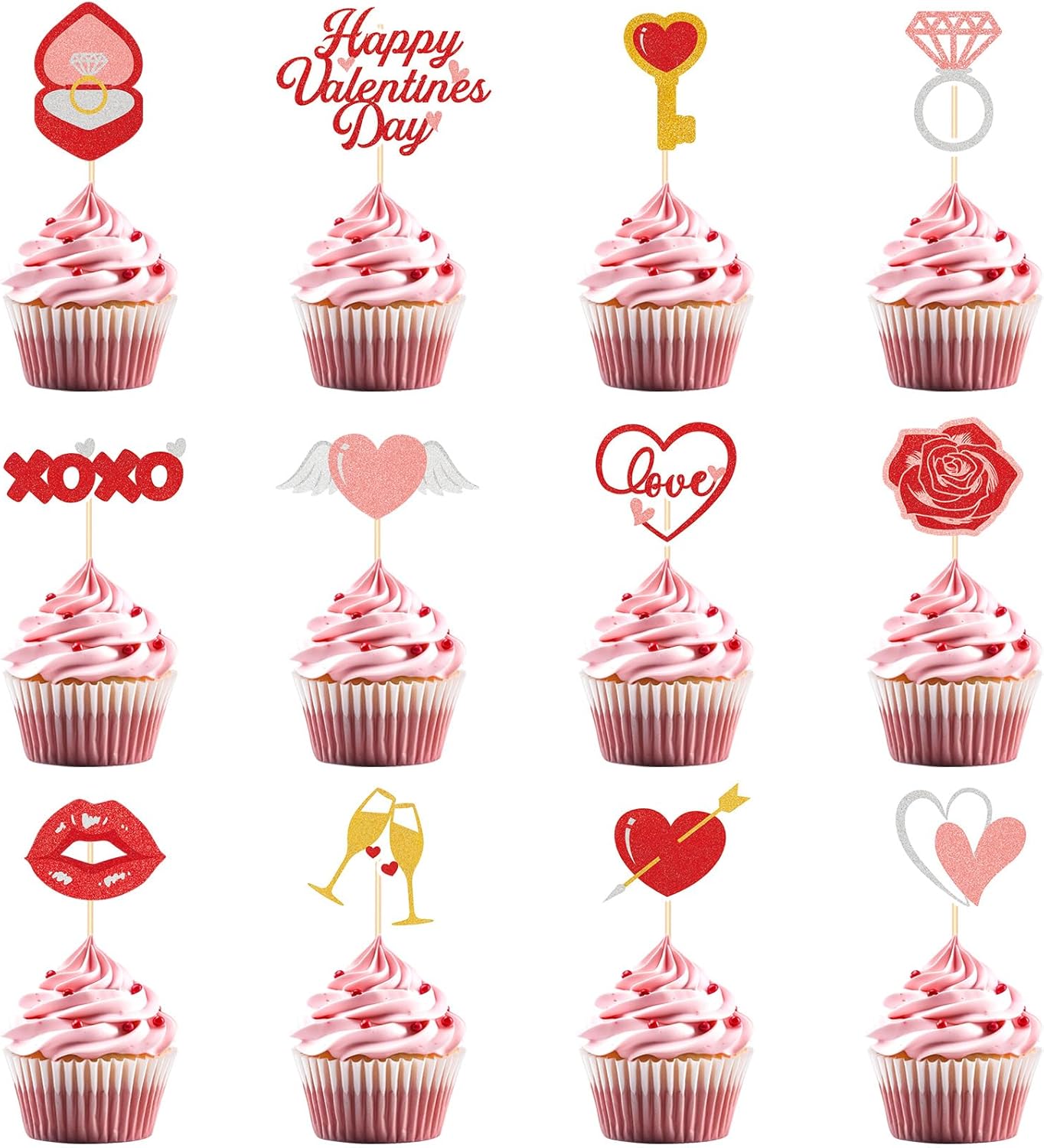 48 Pcs Happy Valentine's Day Cupcake Toppers Glitter Valentines Cupcake Toppers Heart Valentines Birthday Party Decorations Picks for Wedding Anniversary Baby Shower Party Supplies