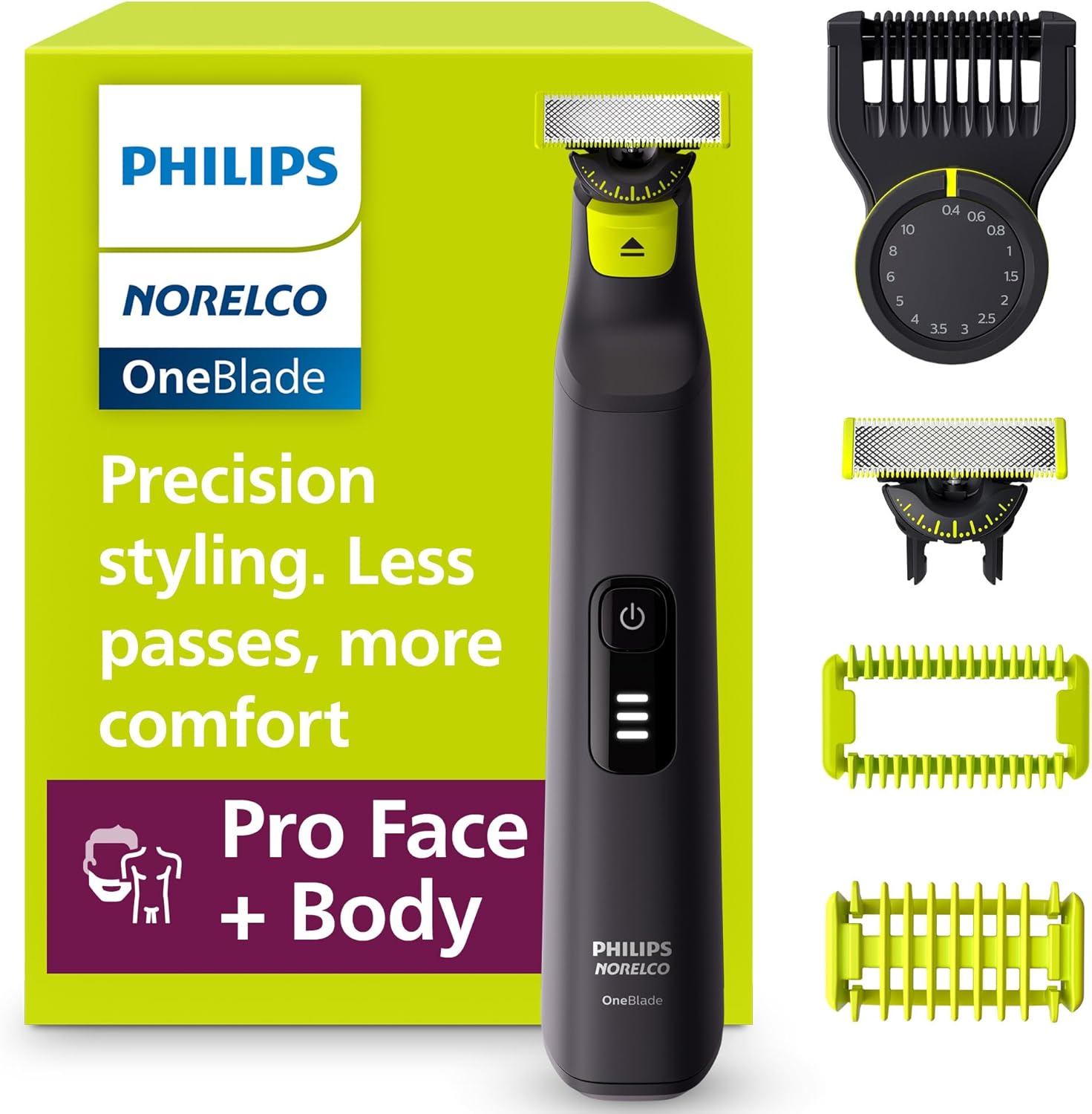 Philips Norelco OneBlade Pro 360 Face + Body Electric Shaver, Beard Trimmer and Groomer, with 360 Blade Technology, 14-Length Precision Comb, Body Kit, Soft Pouch, Model QP6542/70