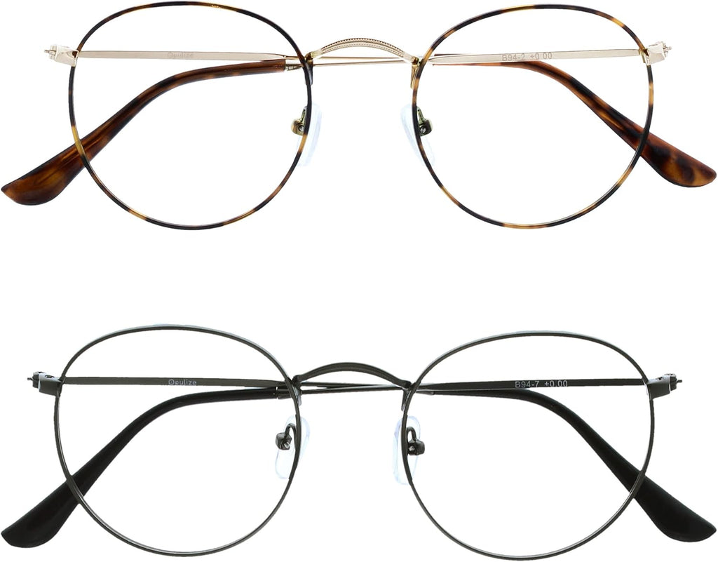 OPULIZE SOL Reading Glasses with Blue Light Blocking for Women and Men, Round Metal Frame, Spring Hinges, Computer Gaming Glasses, Brown Tortoiseshelll,Gunmetal Grey +0 (Pack of 2)