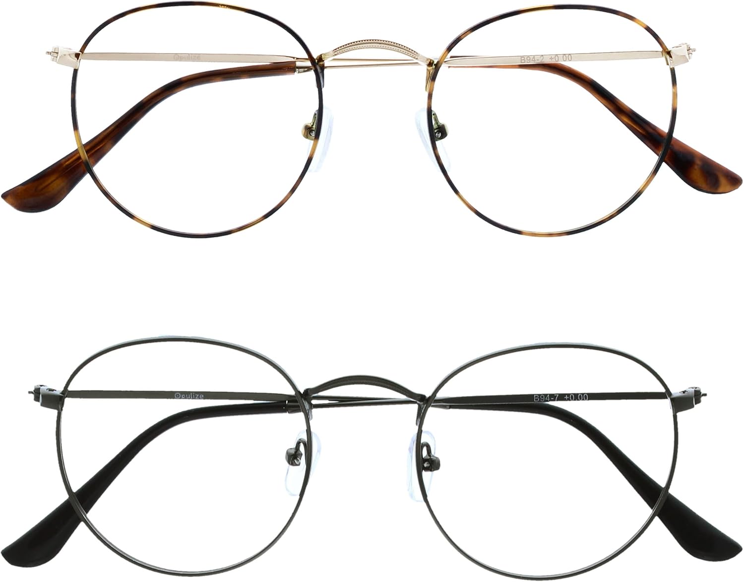 OPULIZE SOL Reading Glasses with Blue Light Blocking for Women and Men, Round Metal Frame, Spring Hinges, Computer Gaming Glasses, Brown Tortoiseshelll,Gunmetal Grey +0 (Pack of 2)