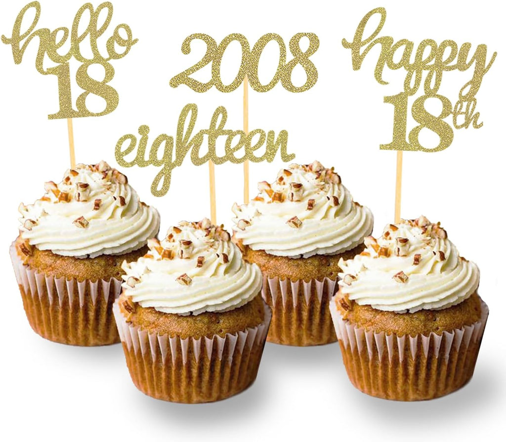 24 Pcs Glitter 18th Birthday Cupcake Toppers for Celebrating 18th Birthday Party Decorations for Eighteen Years Old Birthday Party Supplies (Gold2)