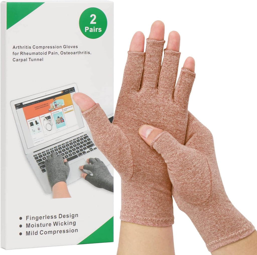 2-Pair Arthritis Compression Gloves for Alleviate Rheumatoid Osteoarthritis, Carpal Tunnel Raynauds Disease, Fingerless Design Breathable & Moisture, Women and Men (Coffee, Small)