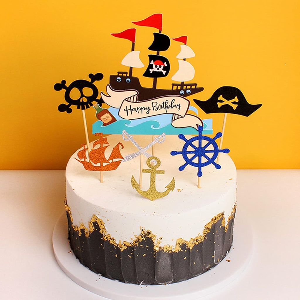 13 Pcs Pirate Cake Toppers, Glitter Pirate Cupcake Decoration, Happy Birthday Cake Topper, for Kids Boys Birthday Halloween Party Muffin Decor