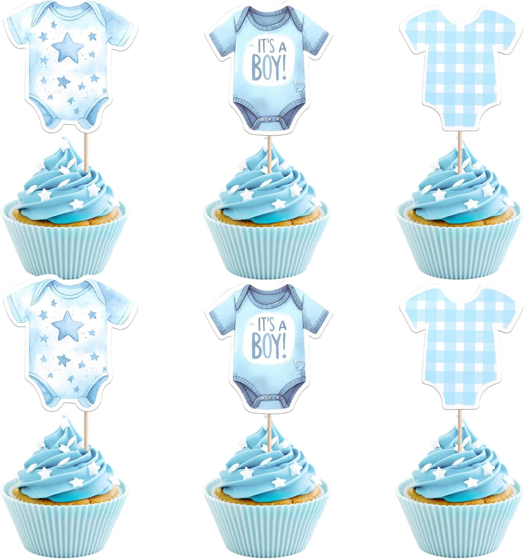 36 PCS Bodysuit Cupcake Toppers Double Sided It's a Boy Cupcake Picks Blue Gingham Theme Party Decorations for Boys Kids Birthday Gender Reveal Baby Shower Party Cake Decorations Supplies