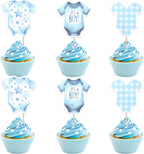 36 PCS Bodysuit Cupcake Toppers Double Sided It's a Boy Cupcake Picks Blue Gingham Theme Party Decorations for Boys Kids Birthday Gender Reveal Baby Shower Party Cake Decorations Supplies
