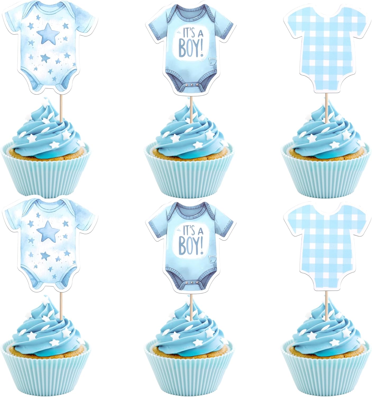 36 PCS Bodysuit Cupcake Toppers Double Sided It's a Boy Cupcake Picks Blue Gingham Theme Party Decorations for Boys Kids Birthday Gender Reveal Baby Shower Party Cake Decorations Supplies