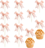 Ephlyn 24Pcs Pink Bow Cupcake Toppers Pink Bow Cake Topper Birthday Decorations, Mini Bowknot Cupcake Picks for Coquette Theme Party Decoration Bachelorette Bridal Engagement Wedding Party Peach Pink