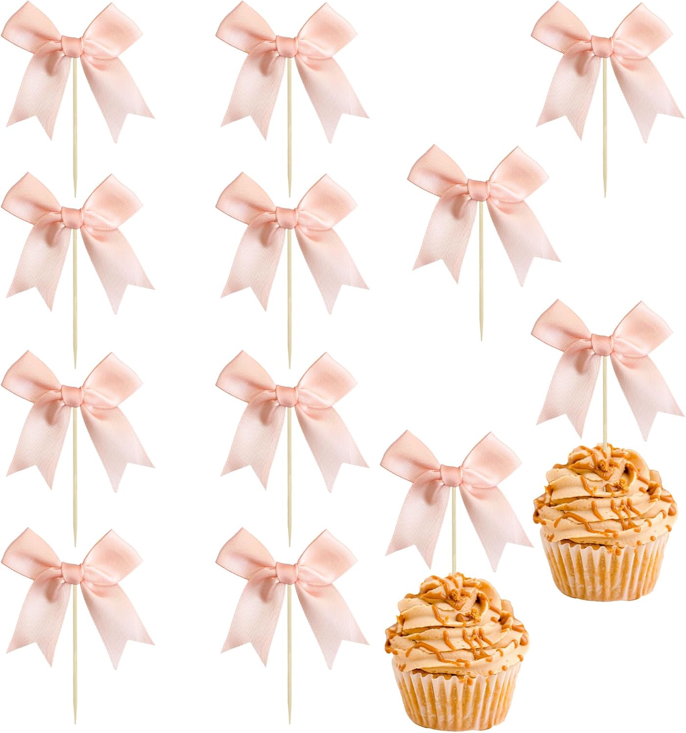Ephlyn 24Pcs Pink Bow Cupcake Toppers Pink Bow Cake Topper Birthday Decorations, Mini Bowknot Cupcake Picks for Coquette Theme Party Decoration Bachelorette Bridal Engagement Wedding Party Peach Pink