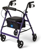 Medline Aluminum Rollator Walker with Seat, Purple, 250 lb. Weight Capacity, Lightweight, 6” Wheels, Foldable, Adjustable Handles, Rolling Walker for Seniors