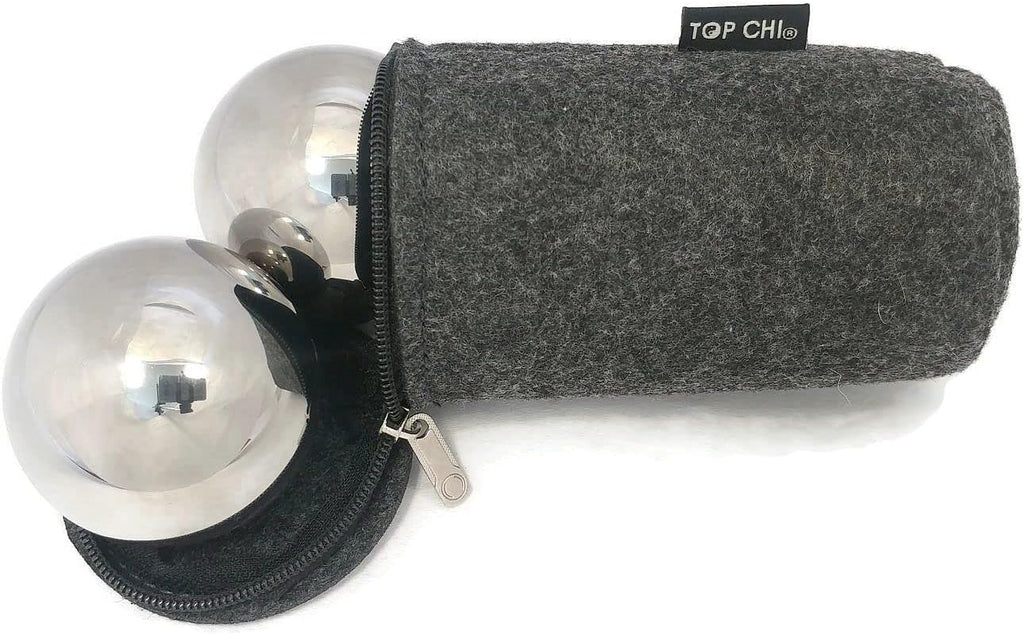 Top Chi 2.3 lb. 2 Inch Solid Stainless Steel Baoding Balls with Carry Pouch. Non-Chiming Chinese Health Balls for Hand Therapy, Exercise, and Stress Relief