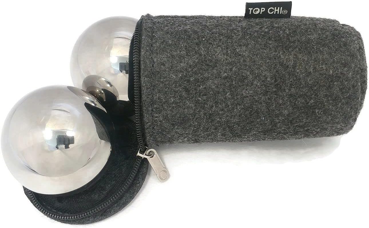 Top Chi 2.3 lb. 2 Inch Solid Stainless Steel Baoding Balls with Carry Pouch. Non-Chiming Chinese Health Balls for Hand Therapy, Exercise, and Stress Relief