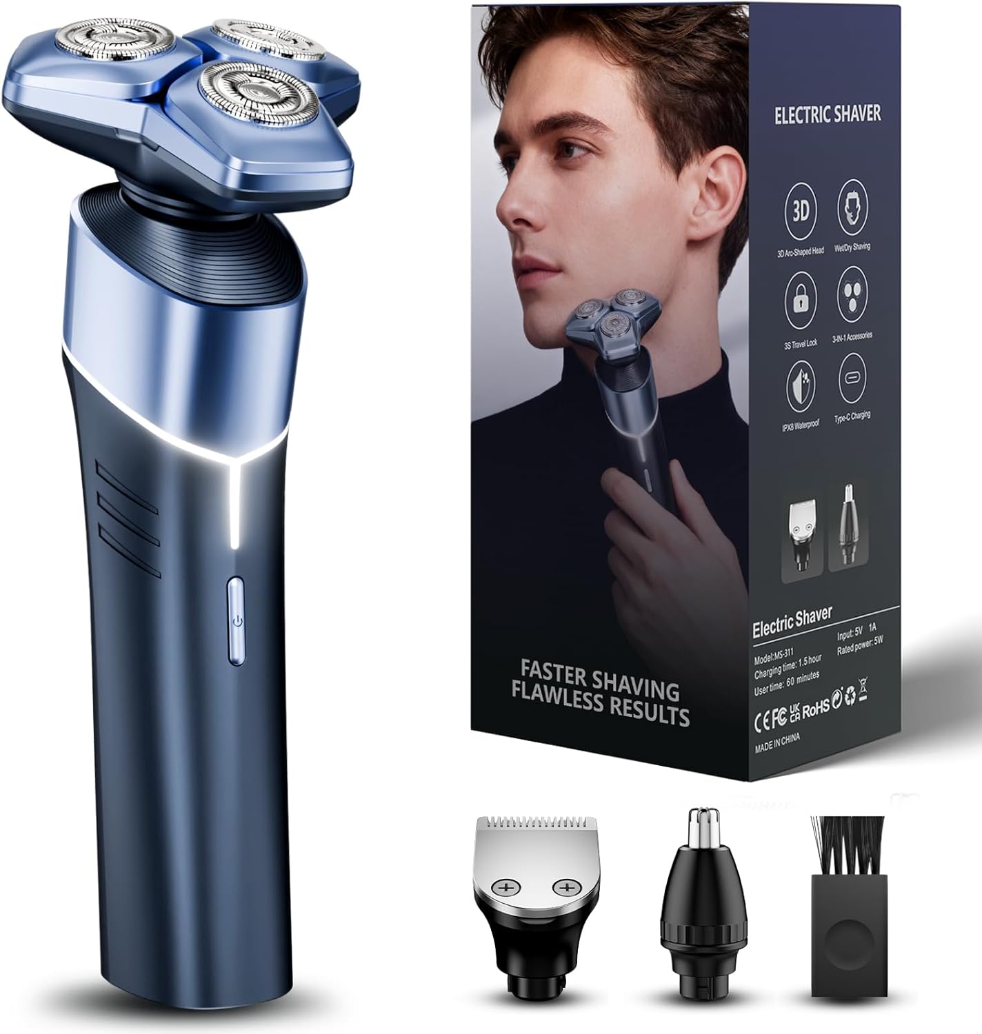 Electric Razor for Men: 3-in-1 Shaver with Hair Clipper and Nose Hair Trimmer, 10000 RPM High Speed Motor, 3D Floating Heads, USB-C Fast Charging, IPX8 Waterproof, Travel Lock, Glossy Blue