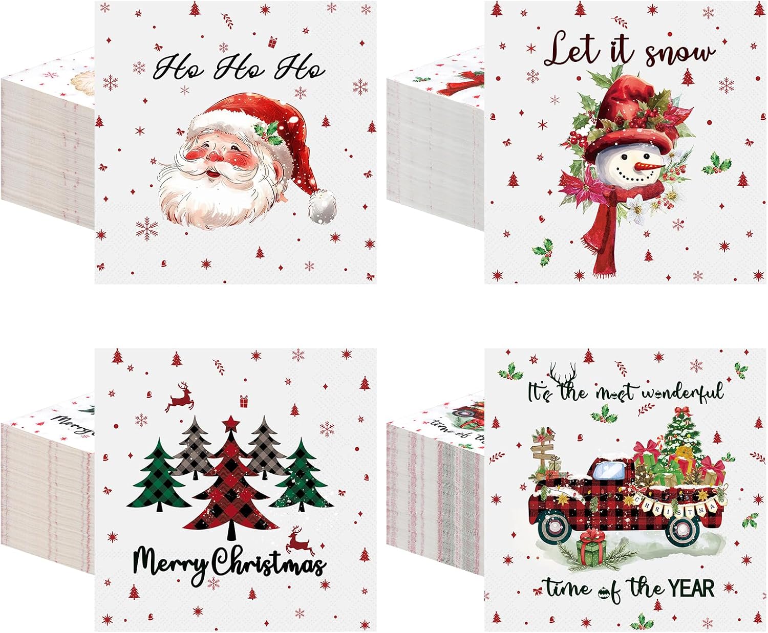 Fulmoon 120 Pcs Christmas Cocktail Paper Napkins Disposable 2 Ply Santa Beverage Napkins Decoupage Xmas Tree Towel for Christmas Party Dinner Table Supplies (Classic Style)