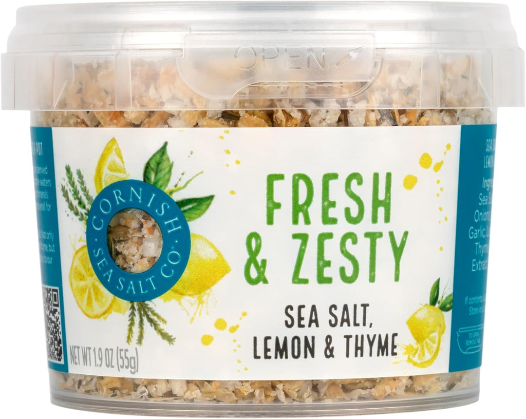 Cornish Sea Salt Fresh & Zesty Seasoning| Sea Salt Flakes w. Lemon & Thyme | Hand-Harvested in Cornwall, England | 1.9 oz Resealable Tub (Pack of 1)