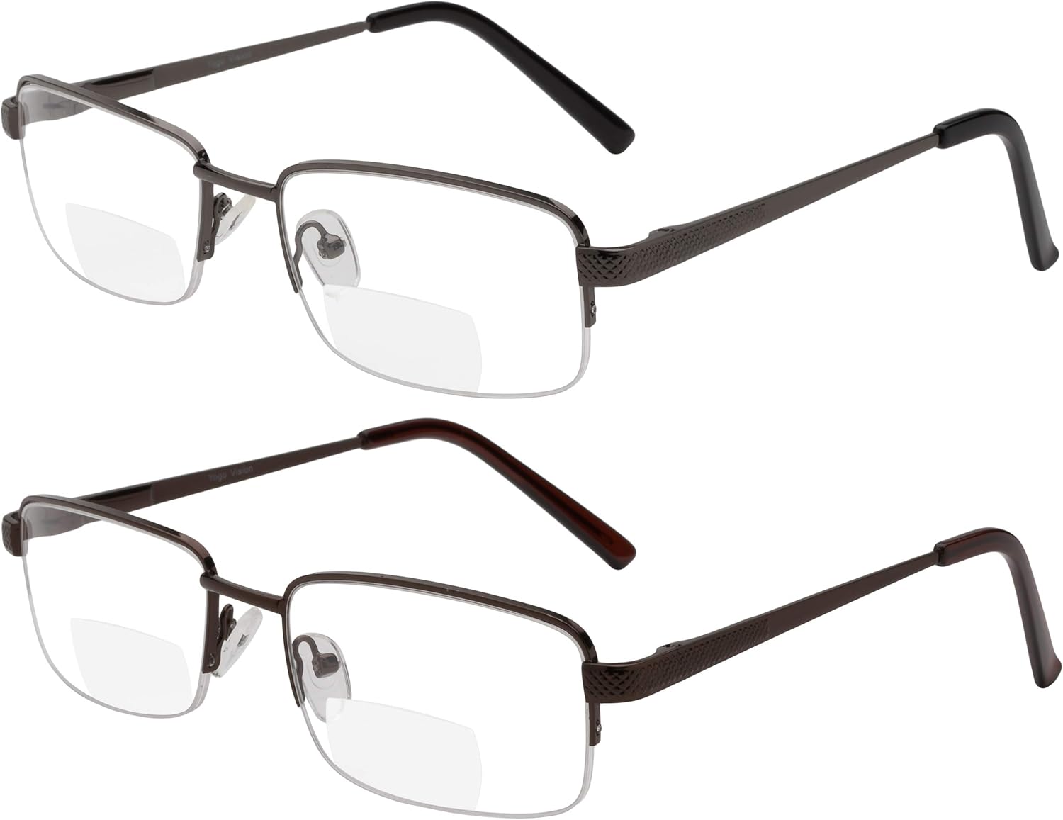 Yogo Vision Reading Glasses Set of 2 Bifocal Half Rim Metal Glasses for Reading Quality Spring Hinge Readers Men and Women Set of Gunmetal and Brown 2.5