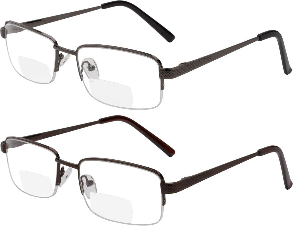 Yogo Vision Reading Glasses Set of 2 Bifocal Half Rim Metal Glasses for Reading Quality Spring Hinge Readers Men and Women Set of Gunmetal and Brown 2.75