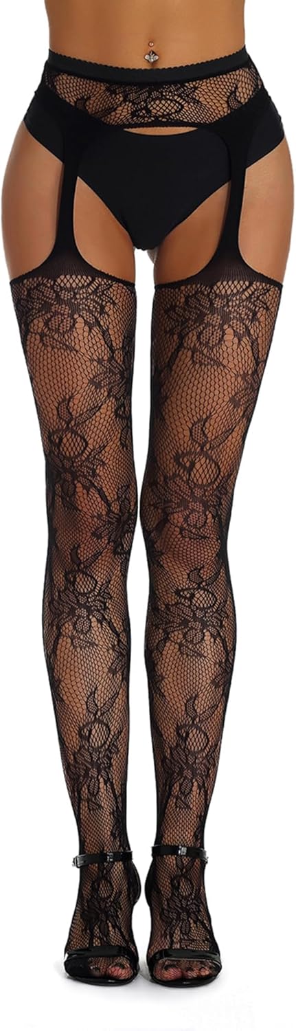 ohyeah Suspender Pantyhose for Women XS-5XL Floral Lace Fishnet Tights Thigh High Stockings with Garter Fishnet Leggings