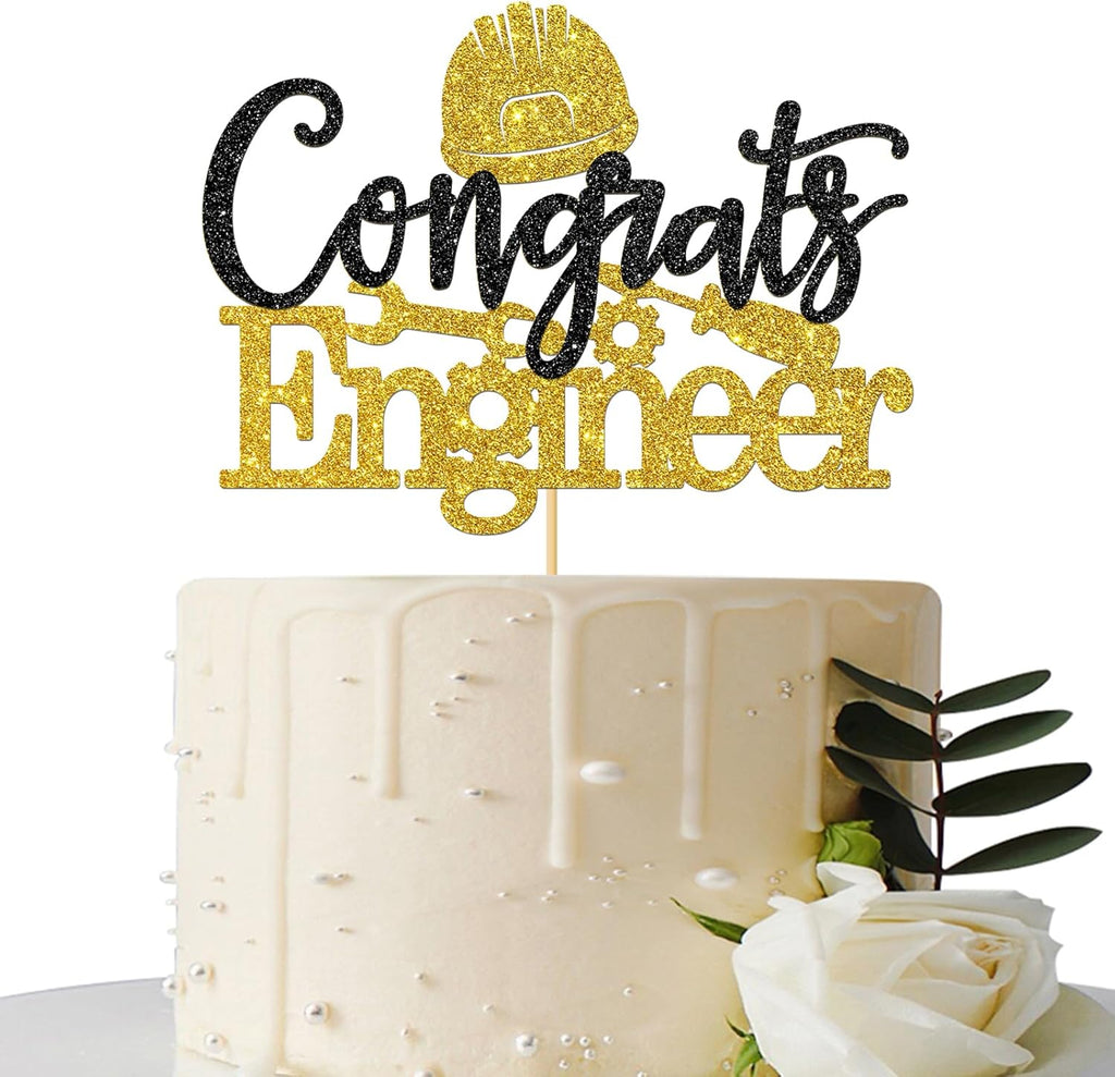 Congrats Engineer Cake Topper - Congrats Grad - Future Engineer - Engineering Graduate Graduation Party Cake Decorations, Gold Black Glitter