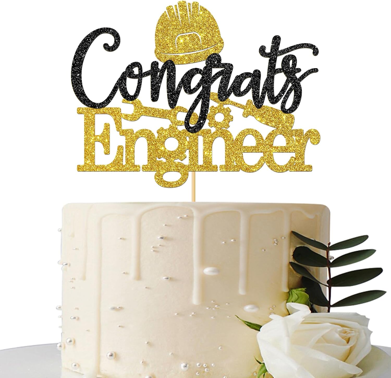 Congrats Engineer Cake Topper - Congrats Grad - Future Engineer - Engineering Graduate Graduation Party Cake Decorations, Gold Black Glitter