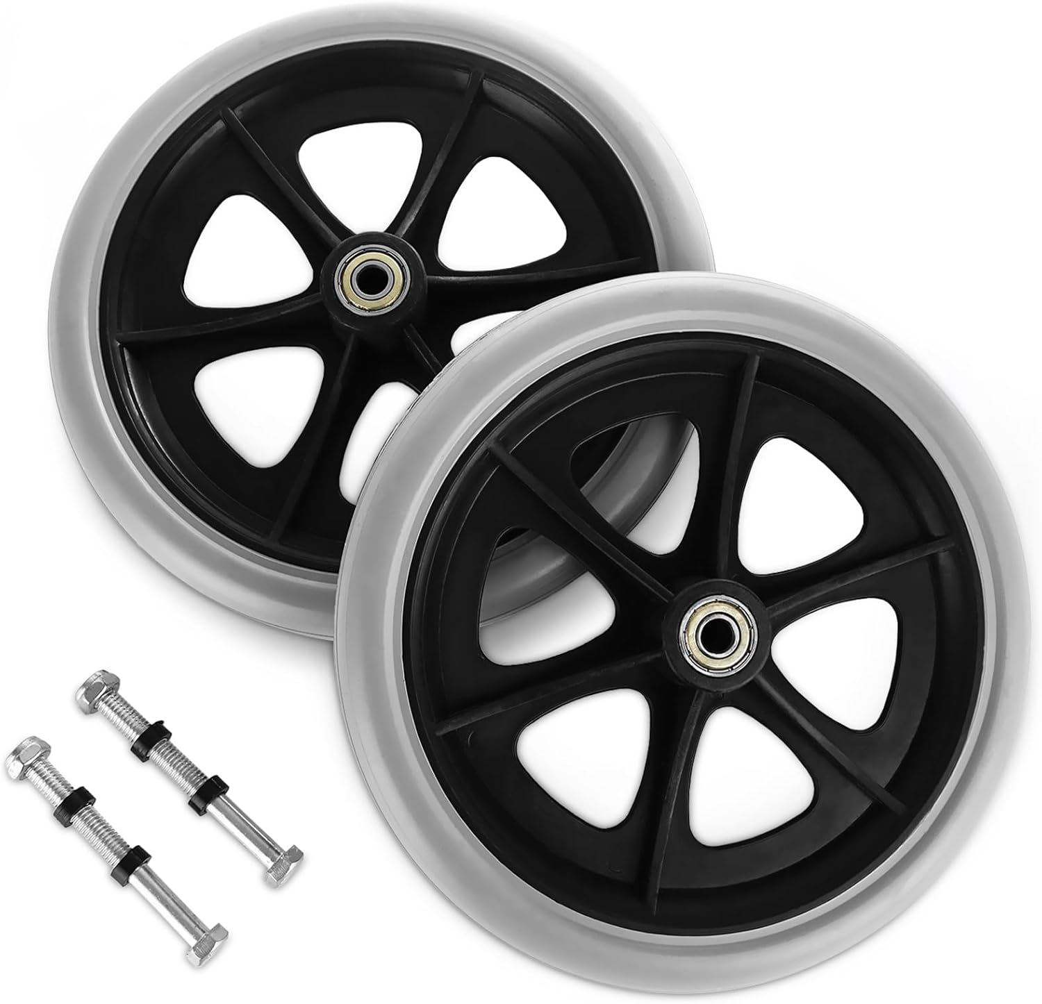 2Pcs Walker Wheels Replacement, 8 Inch Wheelchair Front Wheels with 2 Axles, Rubber Rollator Wheel Replacement Smooth Replacement Wheels for Walker Wheelchair Wheel Accessories, Gray