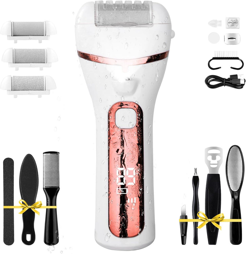 PUBOO Foot Callus Remover Electric 10000 RPM 3-Speed IPX7 Recharge Pedicure Kit for Hard Skin Women & Men Portable Multi-Roller File Grinder Sander Scrubber, LED Display for Wet & Dry Mathers Day Gift