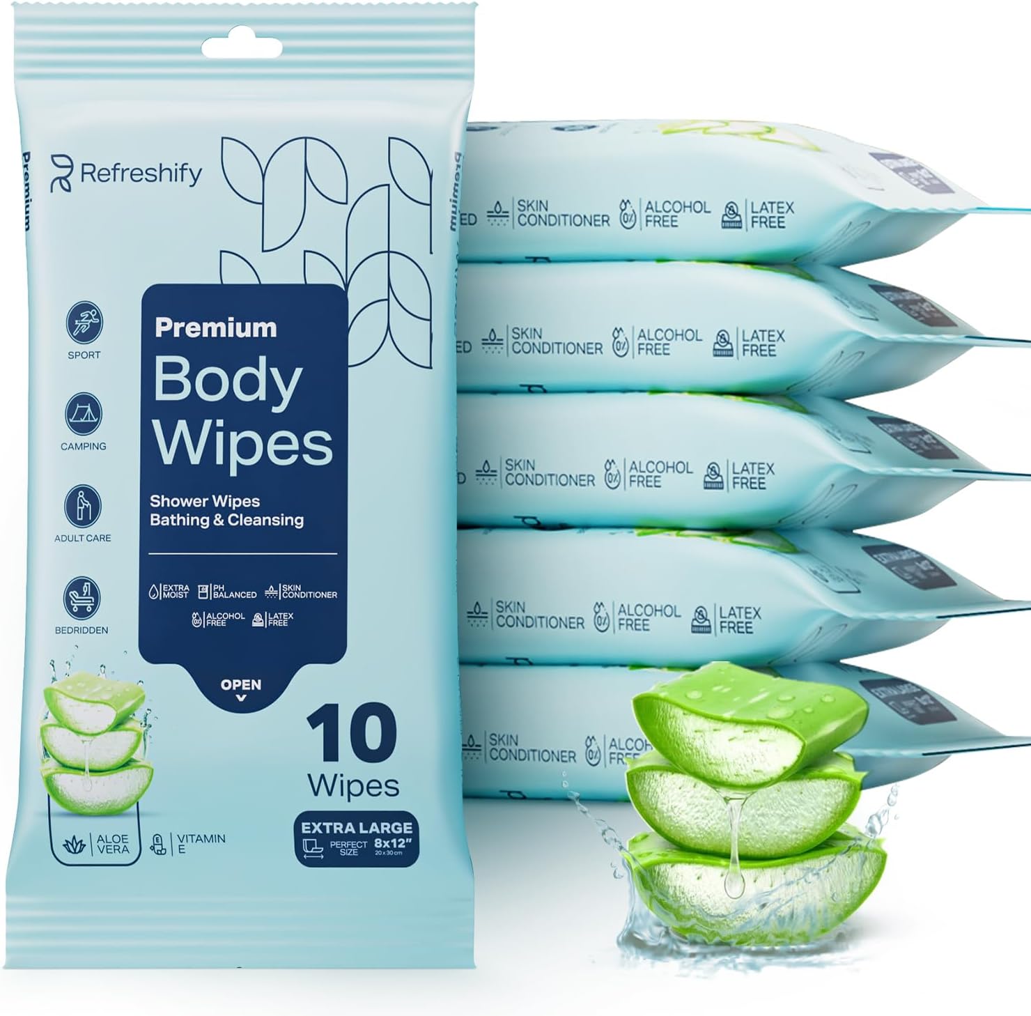 60 XL Shower Wipes – Body Wipes for Adults Bathing No Rinse – 6 Packs of 10 – Extra Moist Bath with Aloe & Vitamin E for Camping, Travel, Gym & Bedridden Care