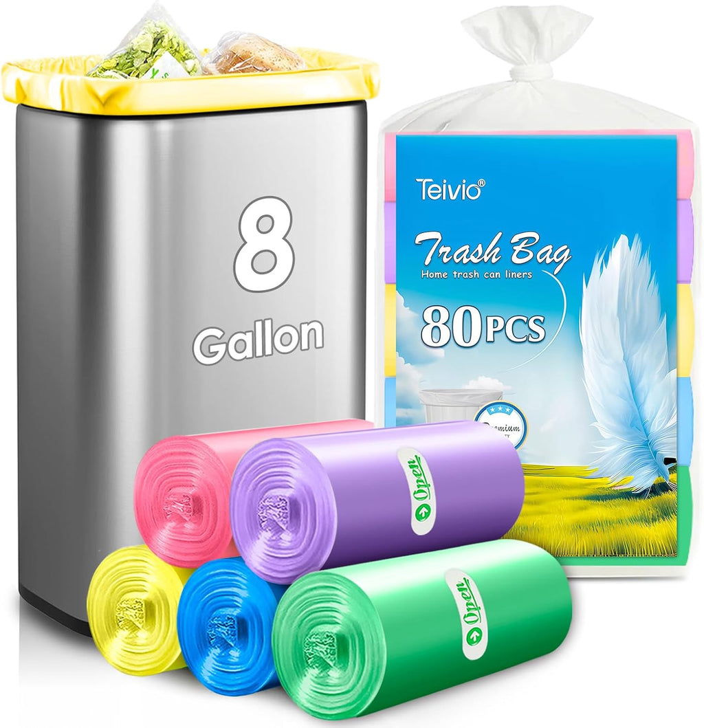 8 Gallon 80 Counts Colorful Clear Medium Trash Bags,Fit 7,8,9,10 Gal Garbage Bags by Teivio, 30 Liter Thick Bathroom Can Bin Liners,Plastic Bags for Home Office Kitchen, Multicolor