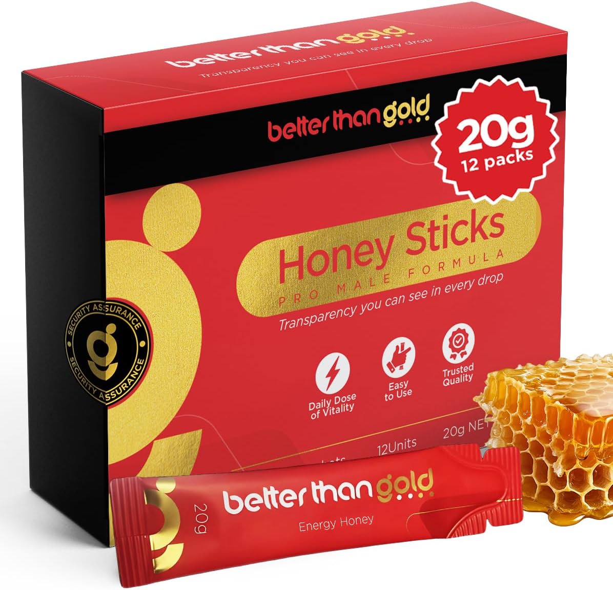 Better than Gold Royal Honey Packets for Men - 12pk (20g - 0.7oz) - Premium Herbal Blend with Black Ginger & Ginseng - Natural Energy, Vitality & Stamina Support - No-Spill Sachet