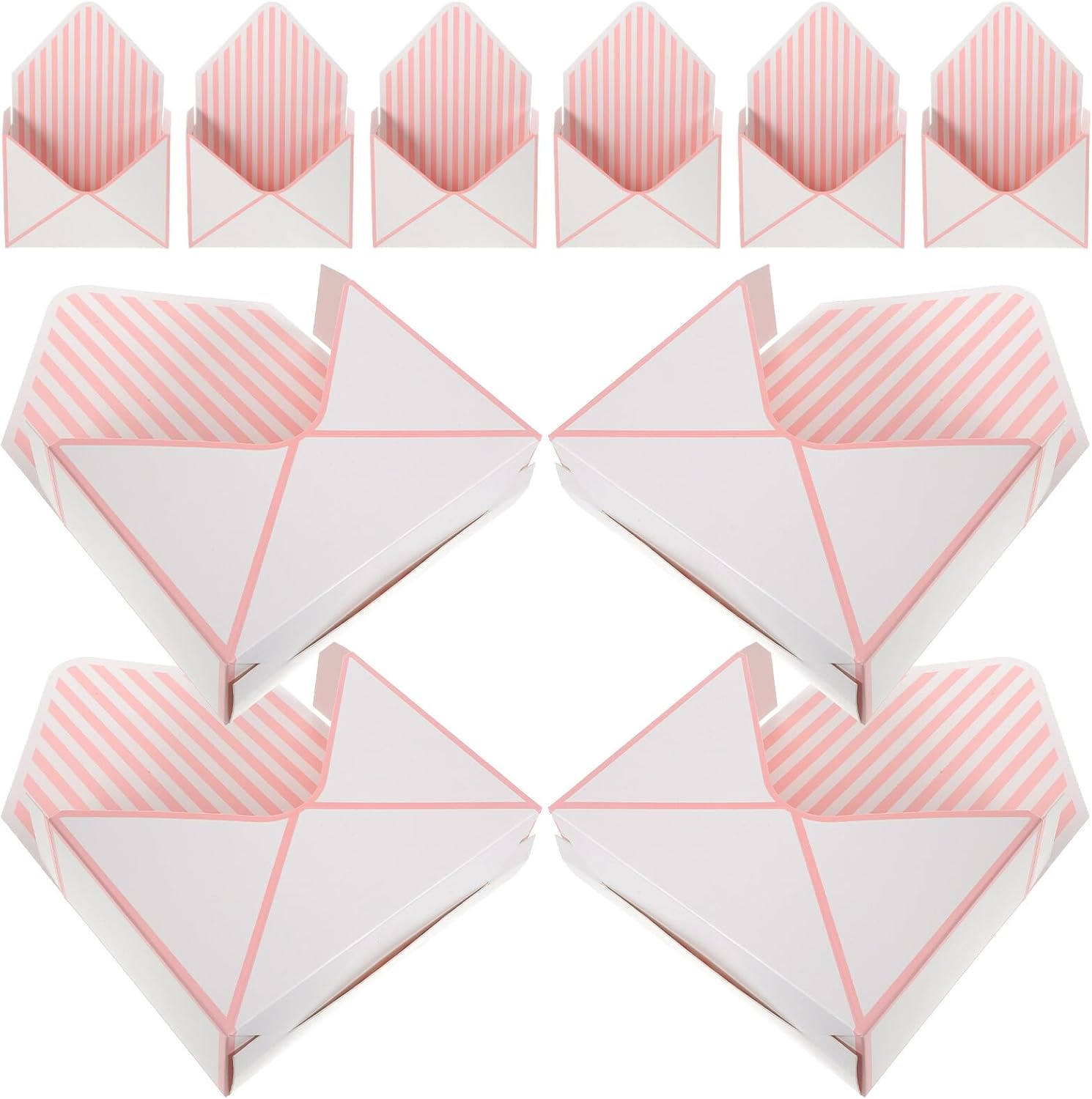 minkissy Envelope Flower Box 10pcs Set, Paper Flower Container with Folding Design, White and Pink Stripe Candy Storage Box for Bouquet Wrapping and Party Favor Packaging